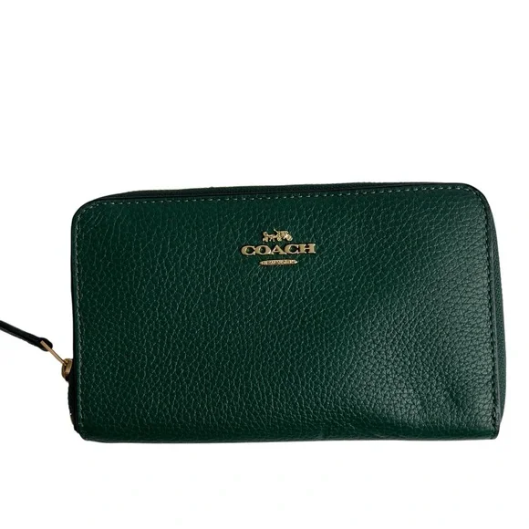 Coach Women’s Pebbled Leather Long Zip Around Wallet Emerald Green Maroon Int. - Picture 1 of 9